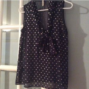 Sheer navy blouse with silver polka dots